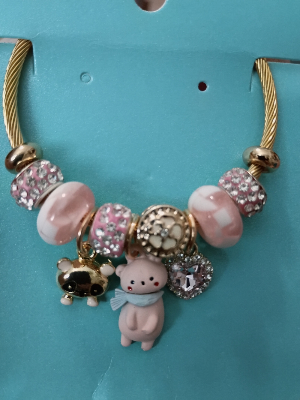 Gold-Tone Pink Beaded Charm Bracelet with Piglet Pendant